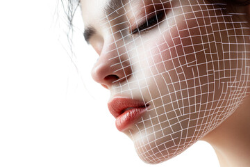 Close-up of a woman’s face with a geometric grid overlay, isolated on a white background. PNG transparent.