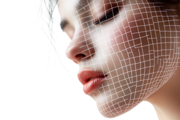 Close-up of a woman’s face with a geometric grid overlay, isolated on a white background. PNG transparent.