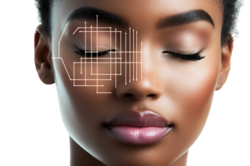 Close-up of a woman’s face with a geometric grid overlay, isolated on a white background. PNG transparent.