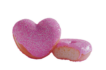 Heart-shaped donut with pink frosting and sprinkles, with a bite taken out, isolated on a pink background. PNG transparent.