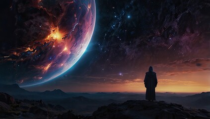 Fototapeta premium Lone figure stands on a rocky outcrop, gazing at a massive, luminous orb hanging in a star studded sky, hinting at the vastness and mystery of the cosmos