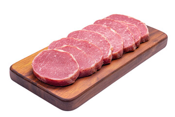 Fototapeta premium Slices of ham on a wooden cutting board, isolated on a white background. PNG transparent.