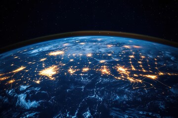 Obraz premium earth enveloped in a digital grid showcasing a network of connectivity symbolizing space technology and the vastness of internet coverage across the planet