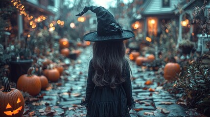 Little girl wearing a witch hat with a small pumpkin decoration, standing on a pumpkin-lined path in front of a house during autumn, Generative AI