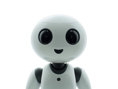 White toy robot with black screen eyes and articulated arms, isolated on white. PNG transparent.
