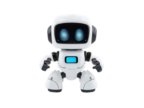White toy robot with black screen eyes and articulated arms, isolated on white. PNG transparent.
