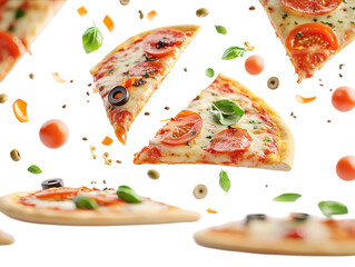 Four pizza slices with assorted toppings, ingredients floating above. PNG transparent.