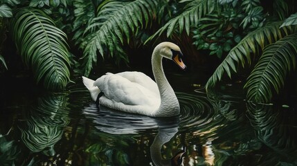 Obraz premium The beauty of a white and black swan floating in a tranquil lake surrounded by lush greenery.