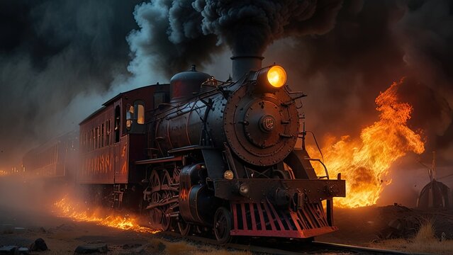 Witness a fiery train crash at night, billowing smoke and flames. The dramatic scene evokes fear and chaos, enhanced by eerie lighting. Vintage steam engine adds a historical touch