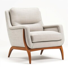 Midcentury modern armchair with light gray fabric upholstery and natural wood frame isolated 