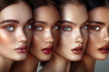 Naklejka premium A close-up beauty shot of four models with glowing skin and radiant makeup, highlighting the flawless complexion and perfect symmetry of their faces.