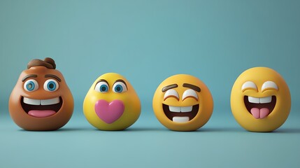 Obraz premium Four 3D emojis with different expressions, including happy, in love, laughing, and laughing with tongue out.