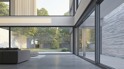 Fototapeta premium Modern Home Interior Design with Large Windows and Garden View