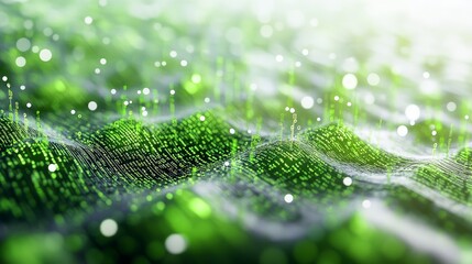 Abstract green wave background with glowing particles.