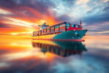 Vibrant Container Ship at Sunset Over Calm Waters