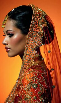 Indian Bride at Wedding in traditional indian costume in Orange Tones Vertical Video.