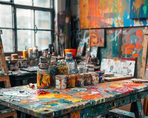 Art studios filled with creative projects in progress, vibrant and chaotic, Urban, Bright hues, Photograph, Creative space