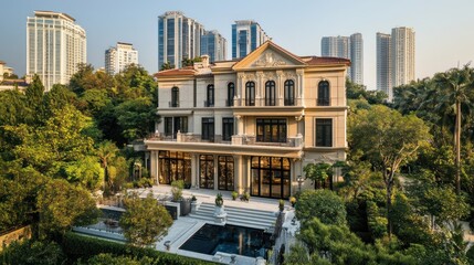 Obraz premium Luxury Mansion with Pool and City Skyline
