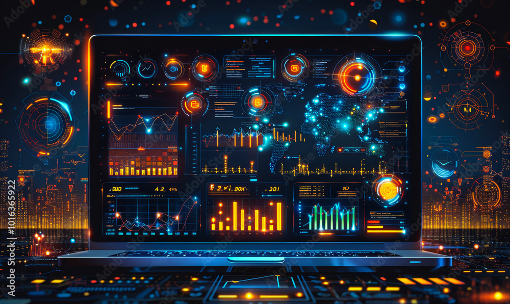 Poster laptop screen with data visualization dashboard - technology in data analysis, artificial intelligen