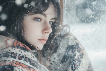 Pensive young woman wrapped in cozy blanket gazing through frosted window. World Mental Health Day. Stress Awareness Day. World introvert day. World Snow Day