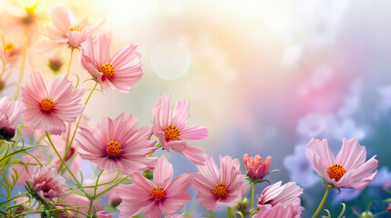 Vibrant Pink Cosmos Flowers with Soft Bokeh Background in Morning Light Ideal for Floral Border Designs and Nature-Themed Projects