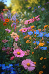 Fototapeta premium A vibrant array of flowers thrives in a sunlit garden, featuring pink, blue, and orange blossoms amid lush greenery during springtime.