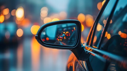 A close-up of a black luxury car's side mirror showcases its reflective surface and sleek design against a blurred urban background, emphasizing modern automotive aesthetics.