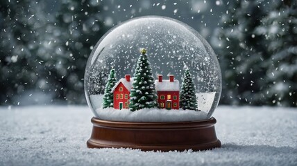 Merry Christmas snow globe featuring fir trees, set against a backdrop of falling snow.