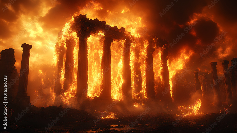 Poster a catastrophic firestorm rips through ancient ruins,engulfing the structures in a blaze of destructi