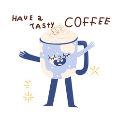 Retro coffee cup character sticker. Design elements perfect for cafe menu, coffee shop posters, card, invitation. Funny cute hand drawn character of a cup coffee