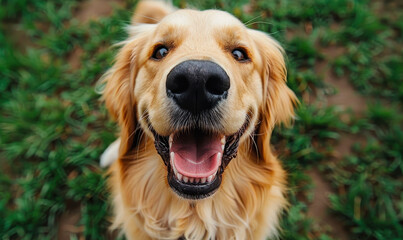 Happy Golden Retriever Close-Up Outdoors in a Grassy Field, Joyful Dog Smiling, Pet Happiness, Nature, Cute Canine, Afternoon Light, Playful Moment, Animal Companionship, Furry Friend