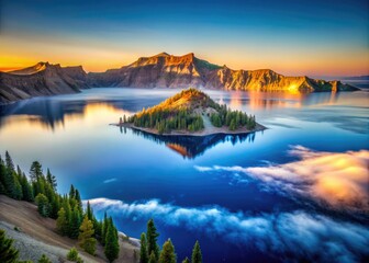 Stunning Conceptual Photography of Crater Lake in Vibrant Colors and Mystical Atmosphere