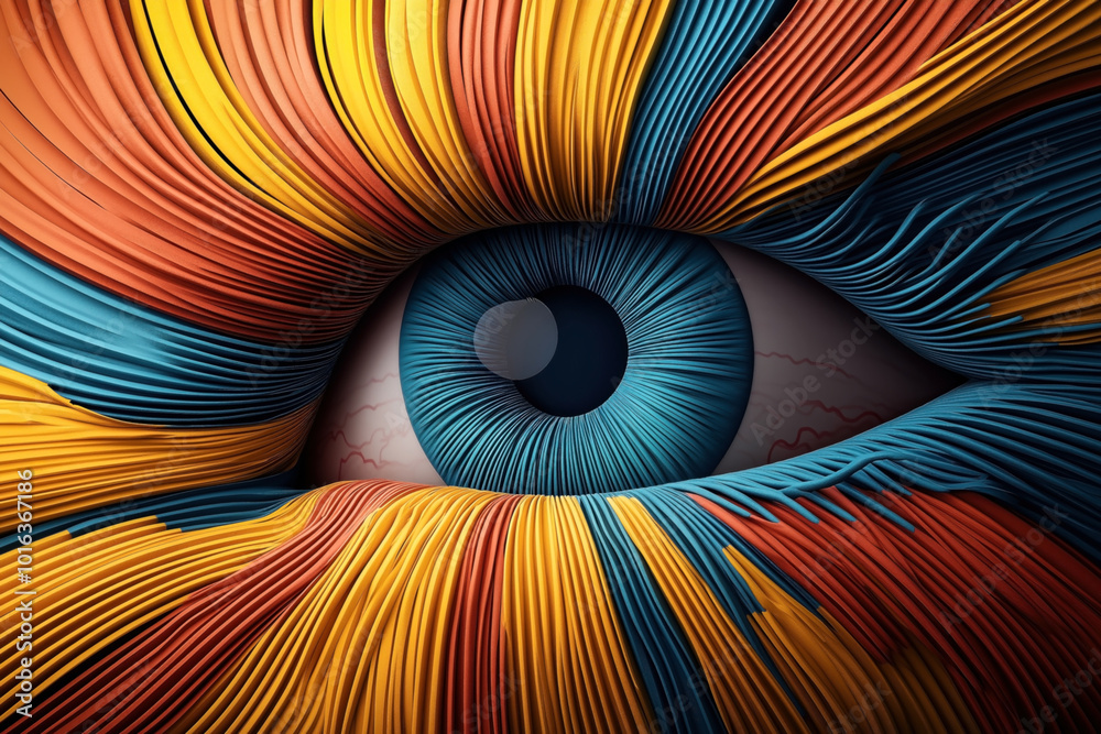 Wall mural Close-up of an eye surrounded by vibrant and textured strips in blue, yellow, and orange, creating a surreal and abstract visual effect