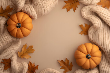 Obraz premium Autumn background with pumpkins, leaves and fabric