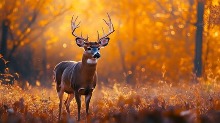 A white-tailed deer stands in a field of golden autumn leaves, backlit by the morning sun.