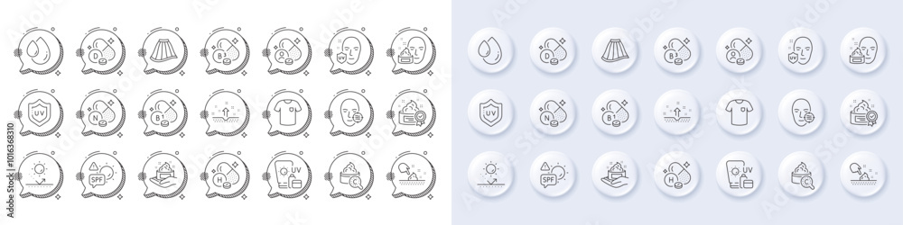 Wall mural Face cream, Problem skin and Sunscreen line icons. White pin 3d buttons, chat bubbles icons. Pack of Skirt, Vitamin h, Vitamin d icon. Collagen skin, Uv protection, T-shirt pictogram. Vector