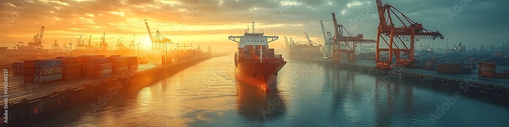 Poster Aerial panoramic view of a bustling container port at sunset with ships,cargo containers,and large cranes loading and unloading goods.