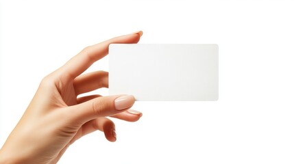 A woman's hand holding a blank white card, isolated on a white background.