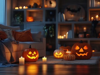 Fototapeta premium Dark living room with Halloween pumpkins and lit candles