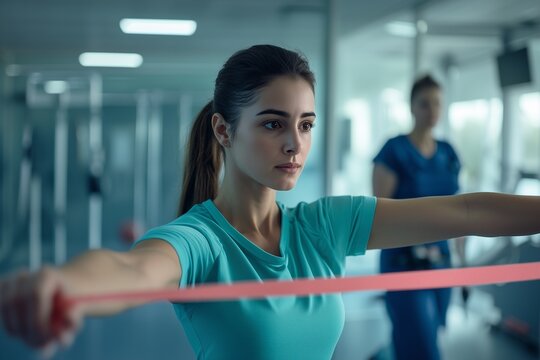 A patient undergoing shoulder rehabilitation therapy, assisted by a therapist using specialized equipment to aid recovery, increase mobility, and relieve pain