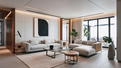 Modern living room showcasing sleek white furniture complemented by warm wooden floors, exuding a stylish and cozy vibe