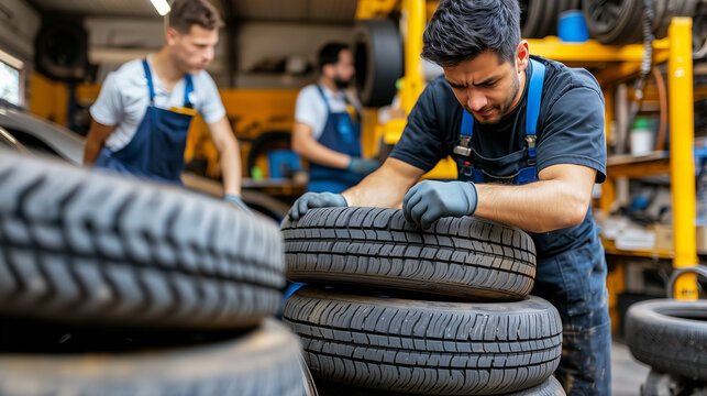 Mechaniker f&uuml;r Reifen- und Vulkanisationstechnik stapelt Autoreifen vor der Werkstatt