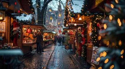Fototapeta premium Christmas markets with festive decorations and stalls, vibrant and joyful, Urban, Bright hues, Photograph, Holiday spirit