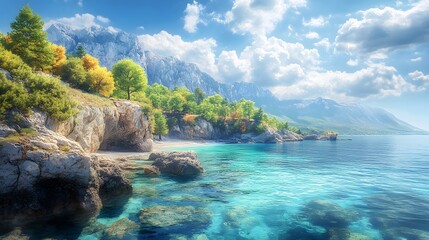 Fototapeta premium A stunning coastal seascape captures turquoise ocean water and rocky cliffs, with lush trees and distant mountains under a sunny sky, creating a panoramic vibrant landscape.