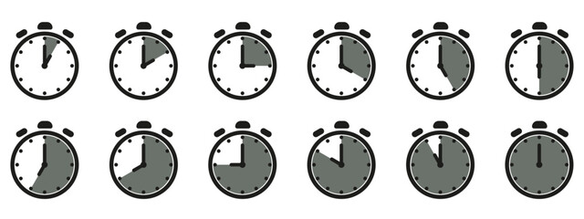 Time and clock icon set. Half past of the clock sign.Complete twelve hours pointed clockwise o'clock vector illustration. Analog wall clocks icons set.