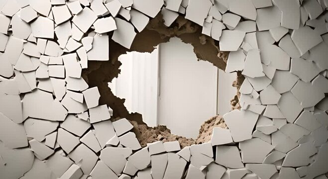 Fractured white wall texture background with holes and cracks