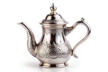 Ornate silver Arabic coffee pot on white background