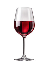 A close-up of a wine glass filled with red wine, showcasing reflections and highlights, isolated transparent background PNG