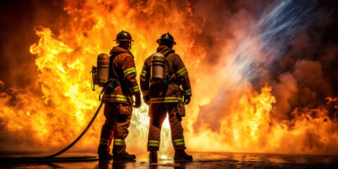 Naklejka premium Firefighters stand resolutely beside raging fire, showcasing their bravery and dedication. intense flames illuminate their protective gear, highlighting dangers they face daily