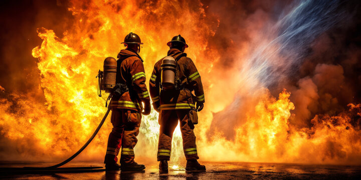 Firefighters stand resolutely beside raging fire, showcasing their bravery and dedication. intense flames illuminate their protective gear, highlighting dangers they face daily